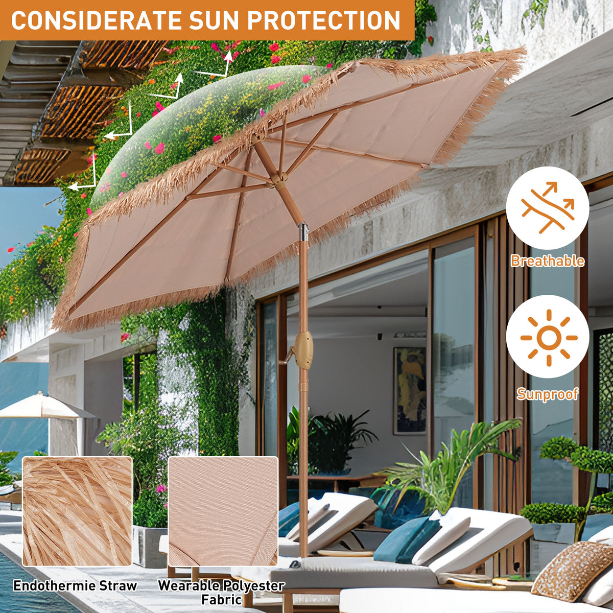 Ainfox Thatched Tiki Patio Umbrella, Outdoor Market Umbrella 7.5FT/9FT/13FT/15FT for Garden, Deck, Backyard, Pool, Beach