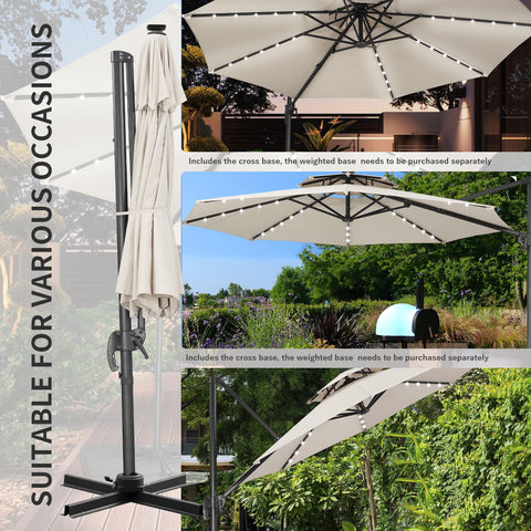Ainfox 10ft Double Top Heavy-Duty Patio Cantilever Umbrella with lights and Cross Base, Outdoor Large Offset Hanging Aluminum Rotation Sun Shade Solar Umbrella with 360°Rotation Adjustable
