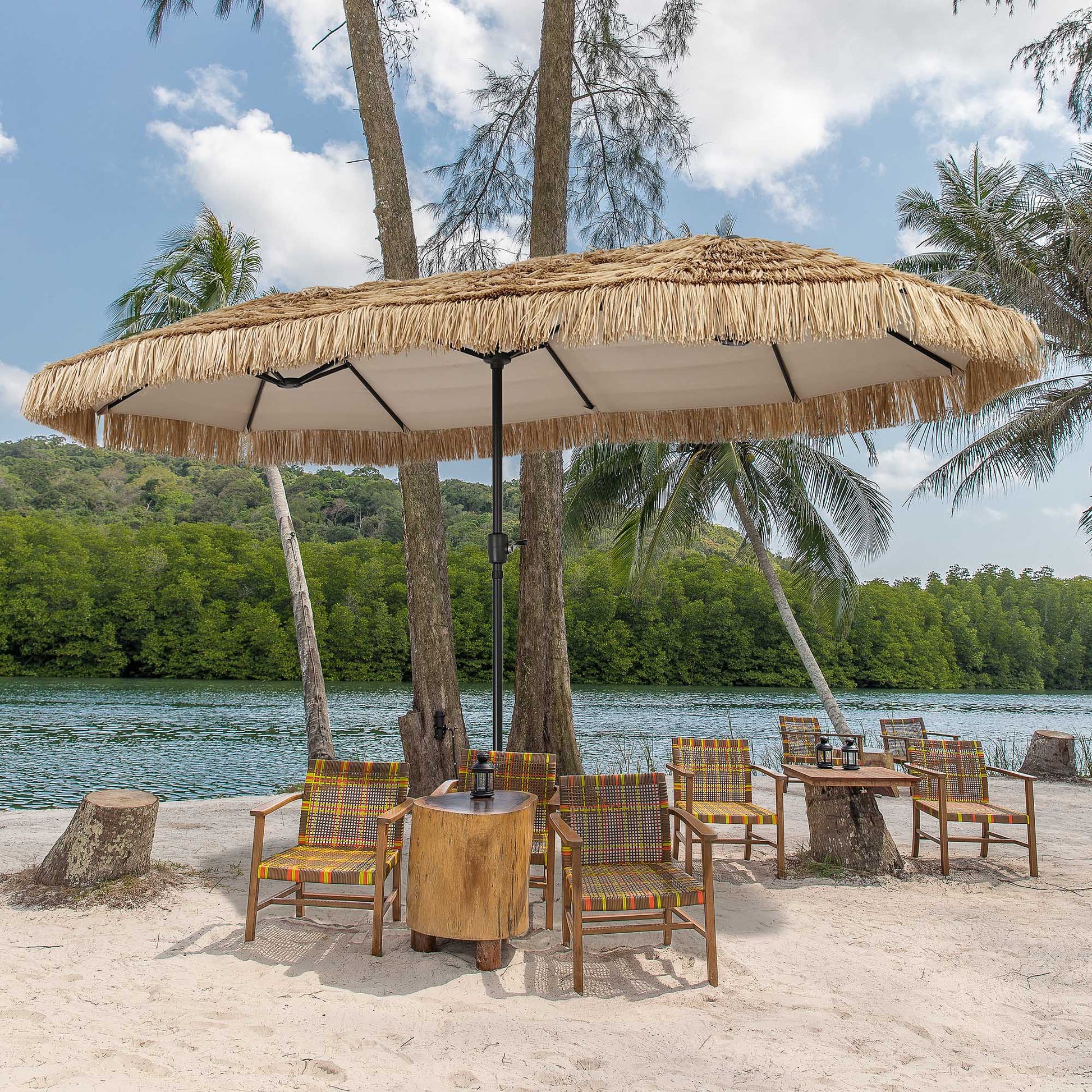 Ainfox Thatched Tiki Patio Umbrella, Outdoor Market Umbrella 7.5FT/9FT/13FT/15FT for Garden, Deck, Backyard, Pool, Beach