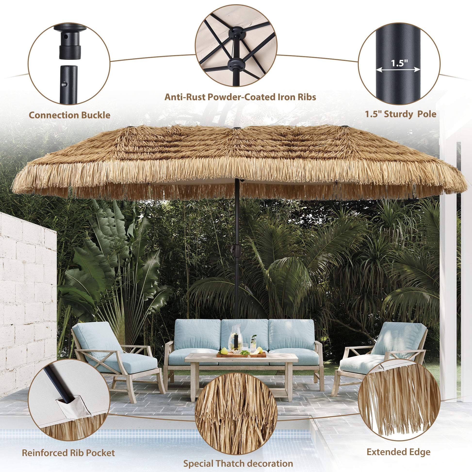 Ainfox Thatched Tiki Patio Umbrella, Outdoor Market Umbrella 7.5FT/9FT/13FT/15FT for Garden, Deck, Backyard, Pool, Beach