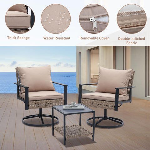 Ainfox 3‑Piece Patio Furniture Set, Outdoor Indoor Sofa Set with 2 Metal Swivel Chairs & Coffee Table, Modern Conversation Set for Backyard, Porch & Garden