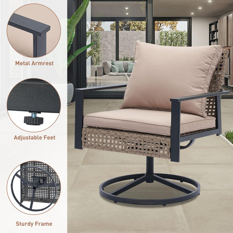 Ainfox 3‑Piece Patio Furniture Set, Outdoor Indoor Sofa Set with 2 Metal Swivel Chairs & Coffee Table, Modern Conversation Set for Backyard, Porch & Garden
