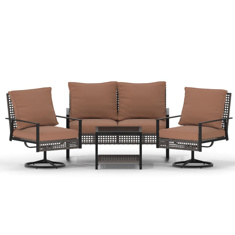 Ainfox 4-Piece Outdoor Patio Furniture Sofa Set, Includes 2 Swivel Glider Chairs,1 Tempered Glass-top Coffee Table and 1 Rocking Loveseat