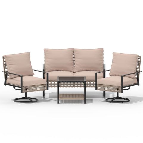 Ainfox 4-Piece Outdoor Patio Furniture Sofa Set, Includes 2 Swivel Glider Chairs,1 Tempered Glass-top Coffee Table and 1 Rocking Loveseat