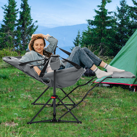 Ainfox Hammock Camping Chair with Footrest, Foldable Portable Rocking Chairs for Adults Outside Swinging Camp for Outdoor Patio Poolside