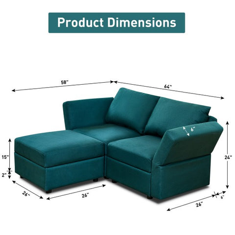 Ainfox L Shape 2 Seats +1 Ottoman Modular Sectional Sofa Couch With Storage