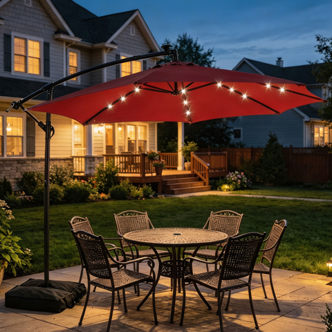 Ainfox 10ft Cantilever Patio Umbrella with Lights, Offset Market Umbrella with Sandbags Weighted Base and Cross Base