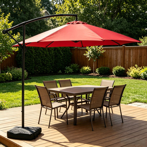 Ainfox 10ft Cantilever Patio Umbrella with Lights, Offset Market Umbrella with Sandbags Weighted Base and Cross Base