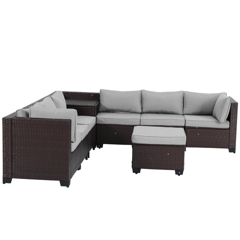 Ainfox 8 Piece Outdoor Patio Rattan Sectional Storage Furniture Set, All Weather PE Wicker Modular Conversation Sofa with Ottoman & Side Box for Backyard Pool Deck