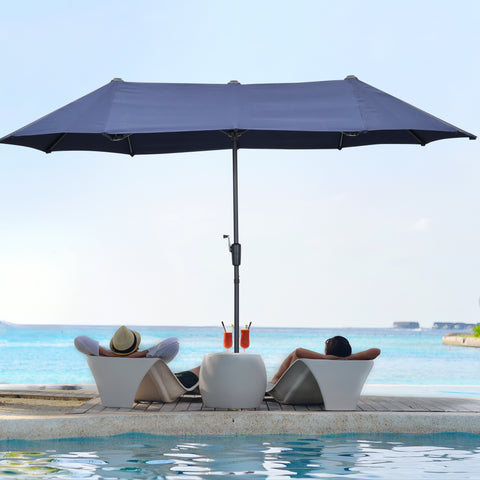 ainfox patio umbrella 15ft Large Thatched Tiki with Lights and Weighted Sandbags, Outdoor Heavy-Duty Double-Sided Rectangle Market Umbrella for Garden Durable Construction Ainfox 7.5 ft Fringe Patio