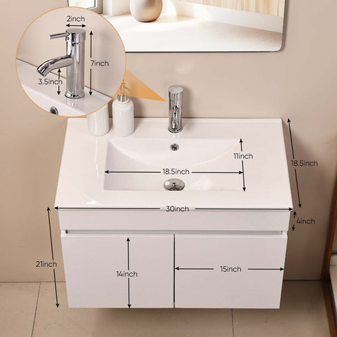 Ainfox Wall Mounted Bathroom Vanity with Ceramic Top and Sink, Storage Cabinet, Faucet Combo Set