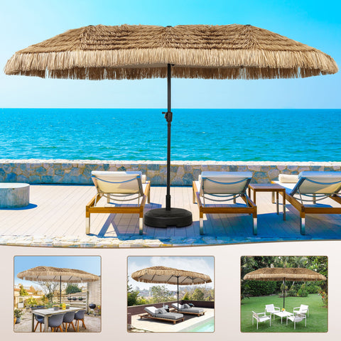 Ainfox 13ft Large Thatched Tiki Patio Umbrella, Outdoor Heavy-Duty Double-Sided Rectangle Market Umbrella for Garden, Deck, Backyard, Pool, Beach