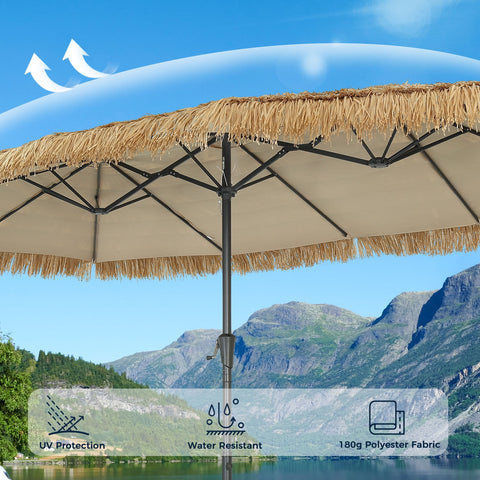 Ainfox 15ft Large Thatched Tiki Patio Umbrella with Stand and Sandbags, Outdoor Heavy-Duty Double-Sided Rectangle Market Umbrella for Garden, Deck, Backyard, Pool, Beach
