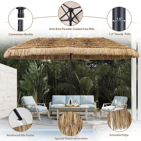 Ainfox 13ft Large Thatched Tiki Patio Umbrella, Outdoor Heavy-Duty Double-Sided Rectangle Market Umbrella for Garden, Deck, Backyard, Pool, Beach