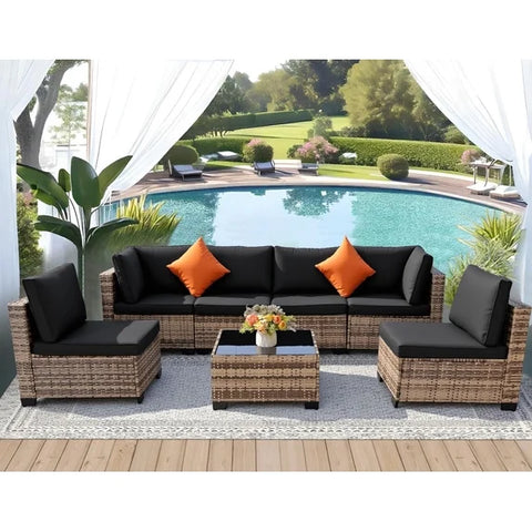 Ainfox 7-Piece Wicker Patio Furniture Set, Rattan Sectional with Cushion & Tempered Glass Coffee Table for Porch Backyard