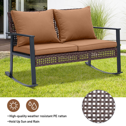 Ainfox Outdoor Patio Furniture Rocking Loveseat, Wicker Rattan Sofa