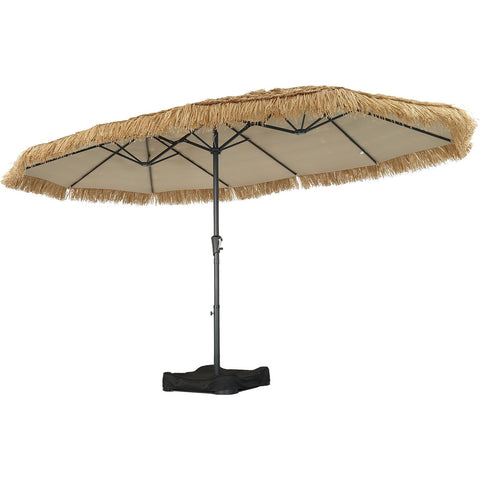 Ainfox 15ft Large Thatched Tiki Patio Umbrella with Stand and Sandbags, Outdoor Heavy-Duty Double-Sided Rectangle Market Umbrella for Garden, Deck, Backyard, Pool, Beach