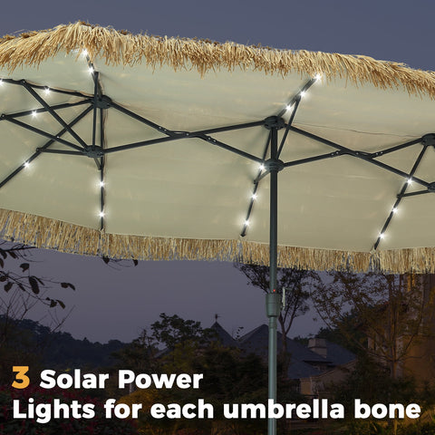 Ainfox 13ft Large Thatched Tiki Patio Umbrella with Solar LED Lights, Outdoor Heavy-Duty Double-Sided Rectangle Market Umbrella for Garden, Deck, Backyard, Pool, Beach