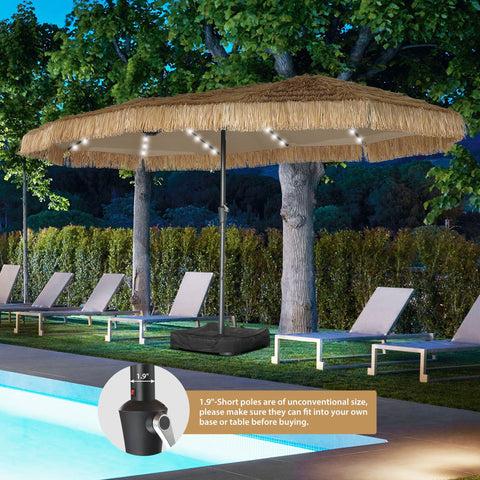 Ainfox 15ft Large Thatched Tiki Patio Umbrella with Lights and Weighted Sandbags, Outdoor Heavy-Duty Double-Sided Rectangle Market Umbrella for Garden, Deck, Backyard, Pool, Beach