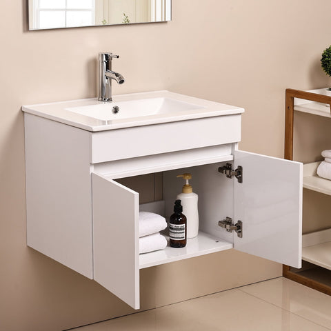 Ainfox Wall Mounted Bathroom Vanity with Ceramic Top and Sink, Storage Cabinet, Faucet Combo Set