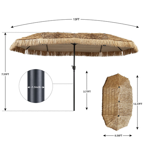 Ainfox 13ft Large Thatched Tiki Patio Umbrella, Outdoor Heavy-Duty Double-Sided Rectangle Market Umbrella for Garden, Deck, Backyard, Pool, Beach