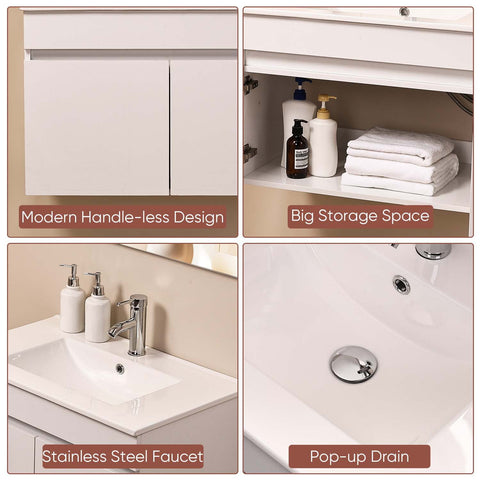 Ainfox Wall Mounted Bathroom Vanity with Ceramic Top and Sink, Storage Cabinet, Faucet Combo Set