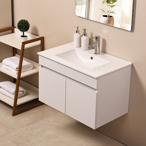 Ainfox Wall Mounted Bathroom Vanity with Ceramic Top and Sink, Storage Cabinet, Faucet Combo Set