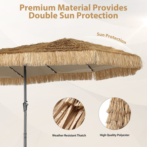 Ainfox 15ft Large Thatched Tiki Patio Umbrella with Lights and Weighted Sandbags, Outdoor Heavy-Duty Double-Sided Rectangle Market Umbrella for Garden, Deck, Backyard, Pool, Beach