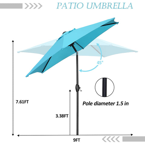 Ainfox 9ft Lake Blue Patio Umbrella with Push Button Tilt and Crank, UV and Waterproof Canopy
