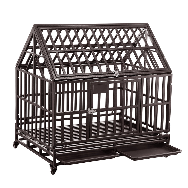 Ainfox 38/”42” Heavy-Duty Dog Pets Kennel Cage Crate Double Door w/Lockable Wheels Steeple Square Tube Dog Crate Safe Metal Tray