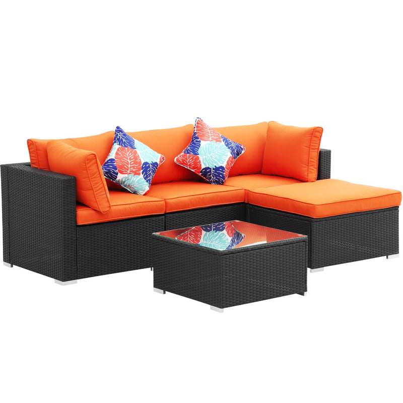Ainfox 5 PCS Outdoor Patio Furniture Sofa Set Wicker Sectional Rattan Conversation Set with Cushion and Glass Table