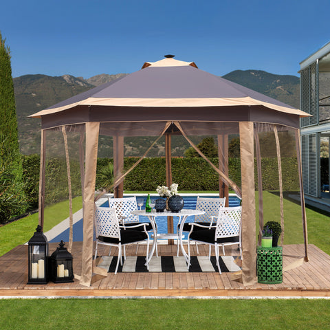 Ainfox 12'x12' Hexagonal Outdoor 2-Tier Pop up Gazebos Canopy with Solar Led Light Sheters with Mosquito Netting for Patio, Lawn, Garden, Khaki