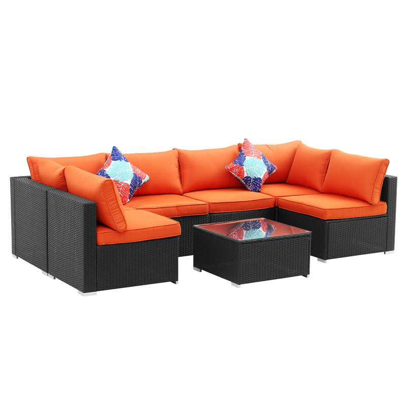  7pcs Patio Furniture Set Outdoor Rattan Sofa Set with Washable Cushion and Tempered Glass Tabletop