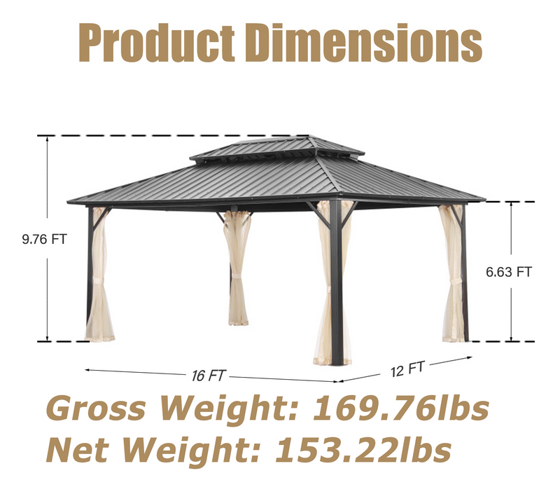 Ainfox 12 ft x 16 ft Steel Outdoor Patio Gazebo with Mesh Screen Double Roof for Lawn, Backyard