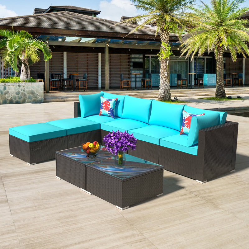 8 PCS Outdoor Patio Furniture Sofa Set Wicker Sectional Rattan Conversation Set with Cushion and Glass Table