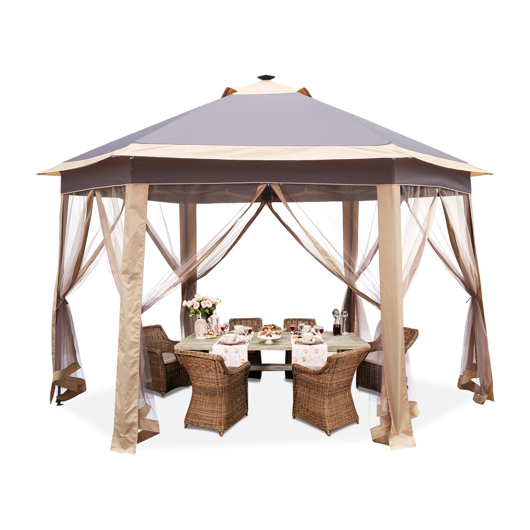 Ainfox 12'x12' Hexagonal Outdoor 2-Tier Pop up Gazebos Canopy with Sol