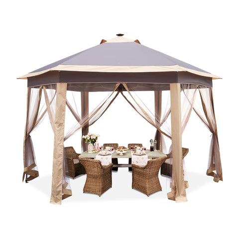 Ainfox 12'x12' Hexagonal Outdoor 2-Tier Pop up Gazebos Canopy with Solar Led Light Sheters with Mosquito Netting for Patio, Lawn, Garden, Khaki