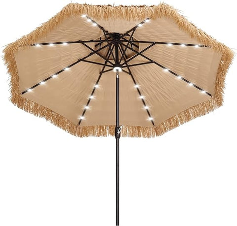 UNIDAZE 9FT Double Tiers Solar LED Lights Thatched Hawaiian Tiki Umbrella, Outdoor, Pool, Patio, Beach, Yellow