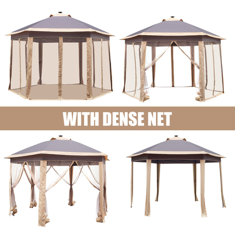 Ainfox 12'x12' Hexagonal Outdoor 2-Tier Pop up Gazebos Canopy with Solar Led Light Sheters with Mosquito Netting for Patio, Lawn, Garden, Khaki