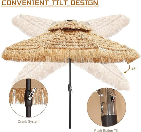 UNIDAZE 9FT Double Tiers Solar LED Lights Thatched Hawaiian Tiki Umbrella, Outdoor, Pool, Patio, Beach, Yellow