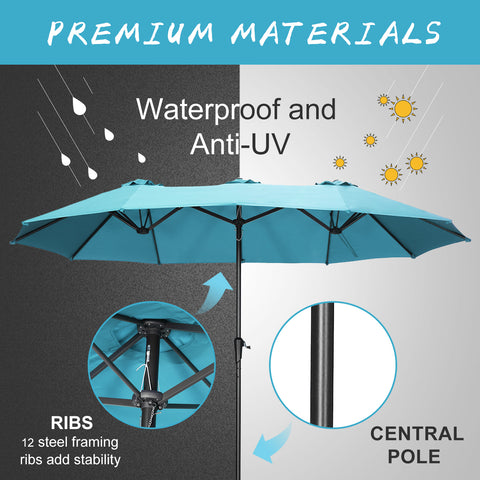 15Ft Double-Sided Patio Umbrella Outdoor Market Umbrella with Crank/Without Base