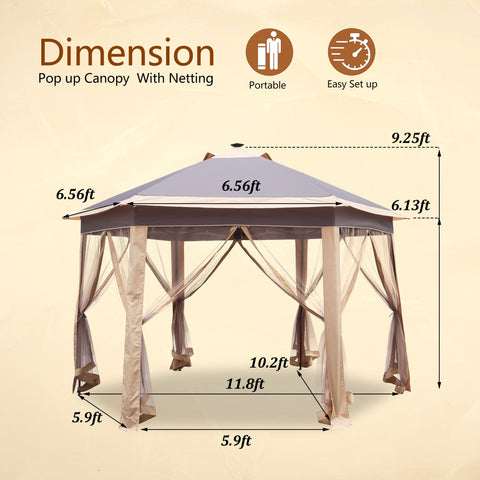 Ainfox 12'x12' Hexagonal Outdoor 2-Tier Pop up Gazebos Canopy with Solar Led Light Sheters with Mosquito Netting for Patio, Lawn, Garden, Khaki