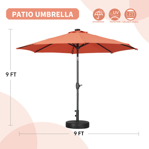 9ft Solar 32 LED Lighted Umbrella with 8 Ribs Adjustment and Crank Lift System for Patio Waterproof Sun Protection-Without Base