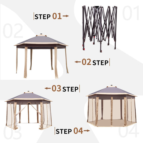 Ainfox 12'x12' Hexagonal Outdoor 2-Tier Pop up Gazebos Canopy with Solar Led Light Sheters with Mosquito Netting for Patio, Lawn, Garden, Khaki