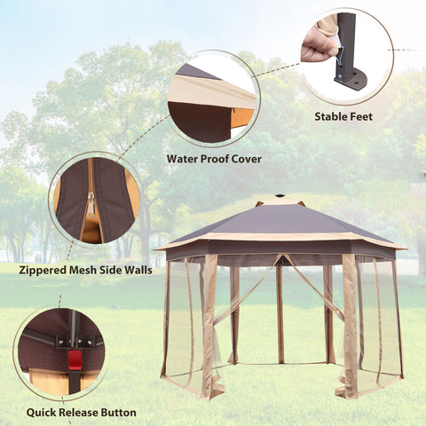 Ainfox 12'x12' Hexagonal Outdoor 2-Tier Pop up Gazebos Canopy with Solar Led Light Sheters with Mosquito Netting for Patio, Lawn, Garden, Khaki