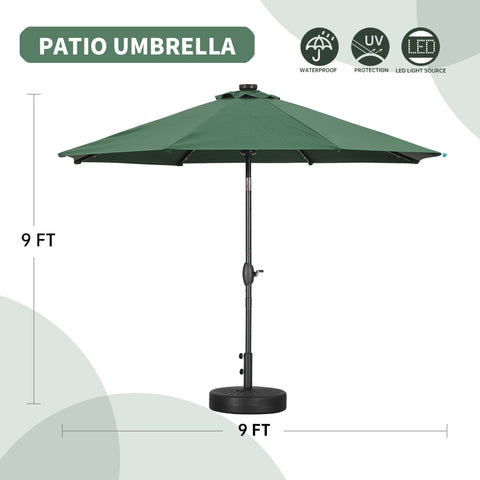 9ft Solar 32 LED Lighted Umbrella with 8 Ribs Adjustment and Crank Lift System for Patio Waterproof Sun Protection-Without Base