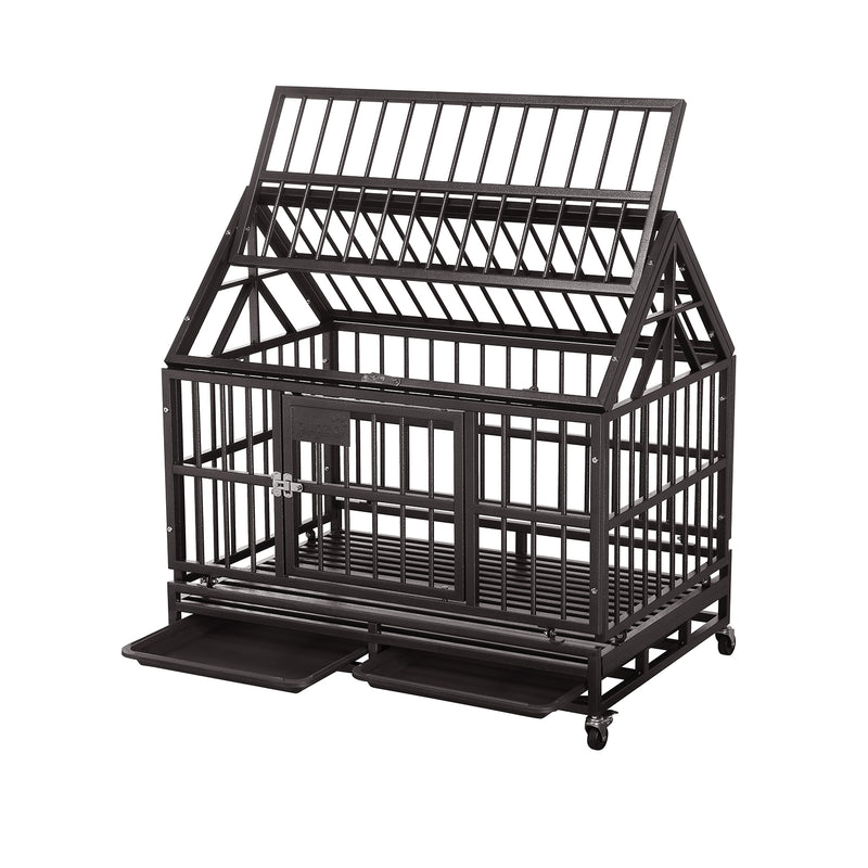 Heavy-Duty Dog Pets Kennel Cage Crate Double Door w/Lockable Wheels Steeple Round Tube Dog Crate Safe Metal Tray