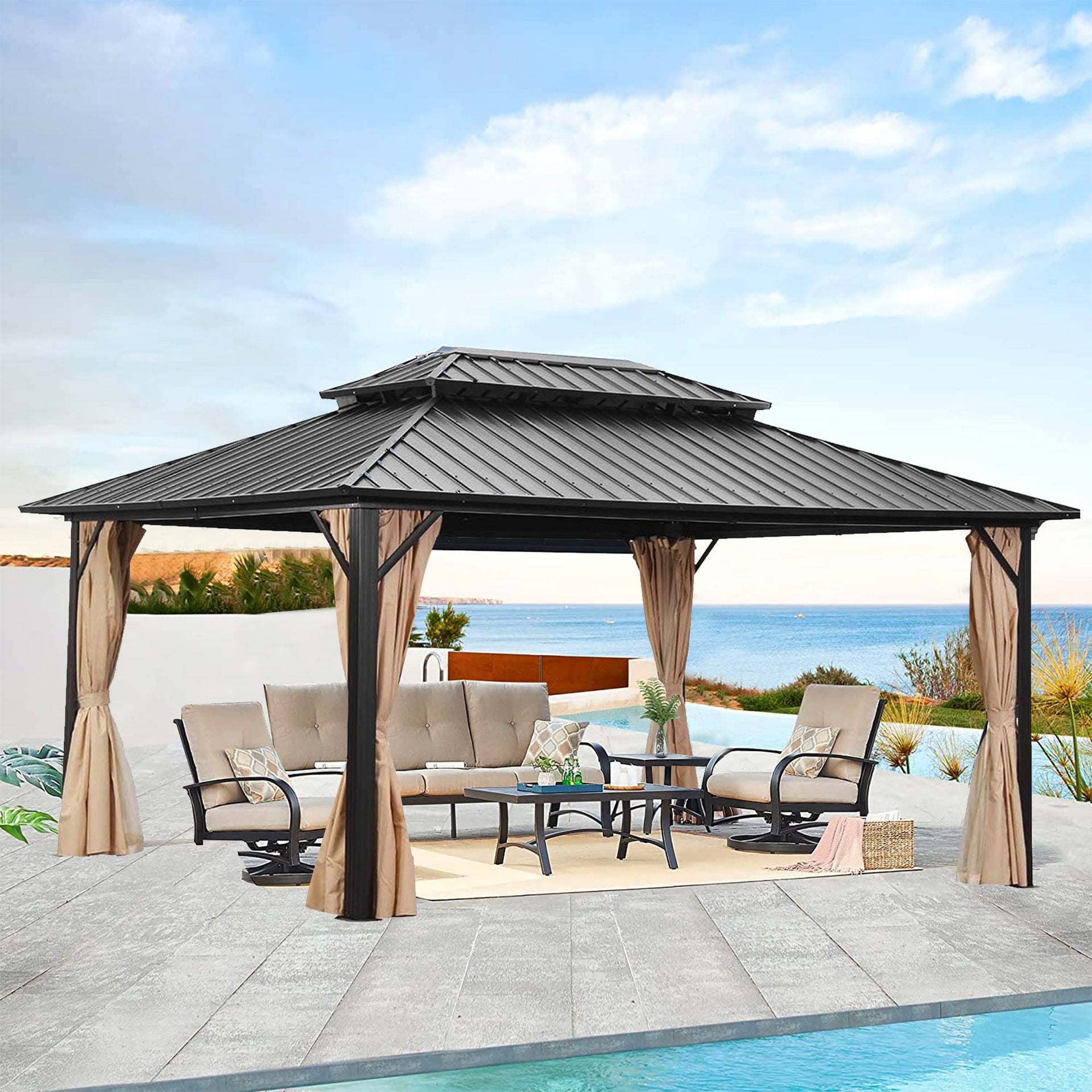 12 ft x 16 ft Steel Outdoor Patio Gazebo Mesh Screen Double Roof Lawn Backyard