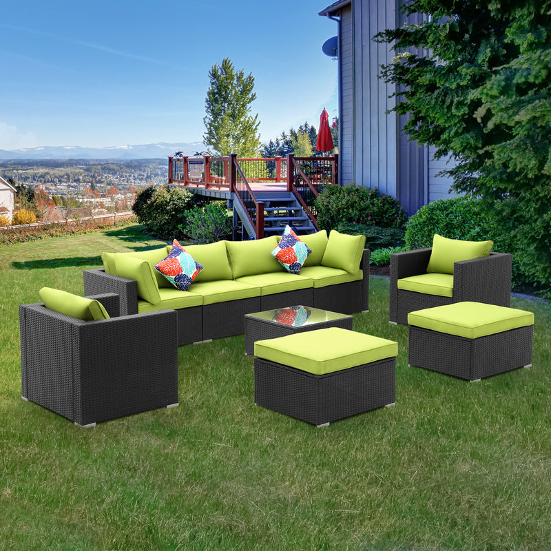 Ainfox 9 Pieces Outdoor Patio Furniture Sofa Set Wicker Sectional Rattan Conversation Set with Cushion and Glass Table