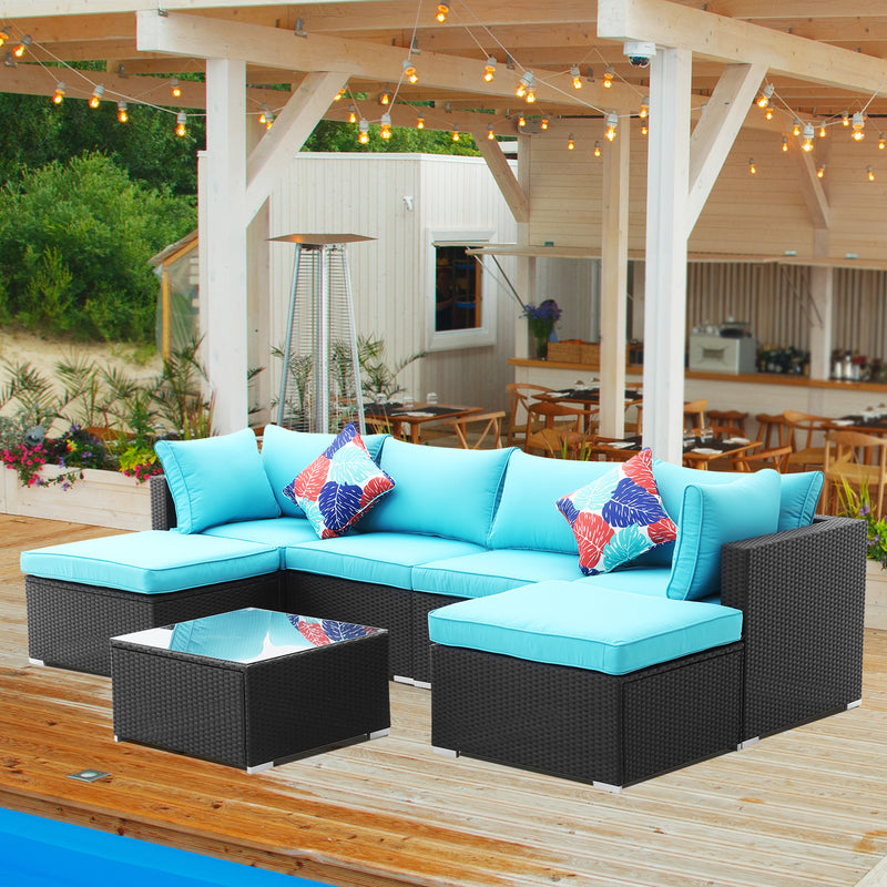 Ainfox Outdoor Patio Furniture 2-12 Pieces PE Rattan Wicker Sectional Blue Sofa Sets with Pillows&Cushions